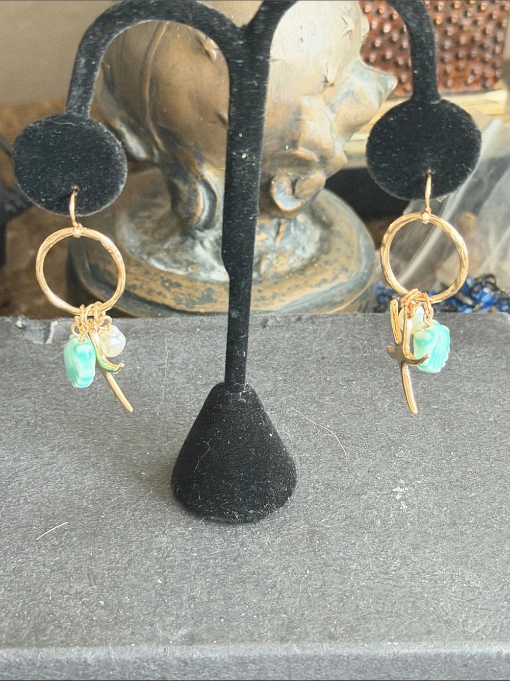 Gold Hoop Earrings with Aqua Shell Charms pearls starfish